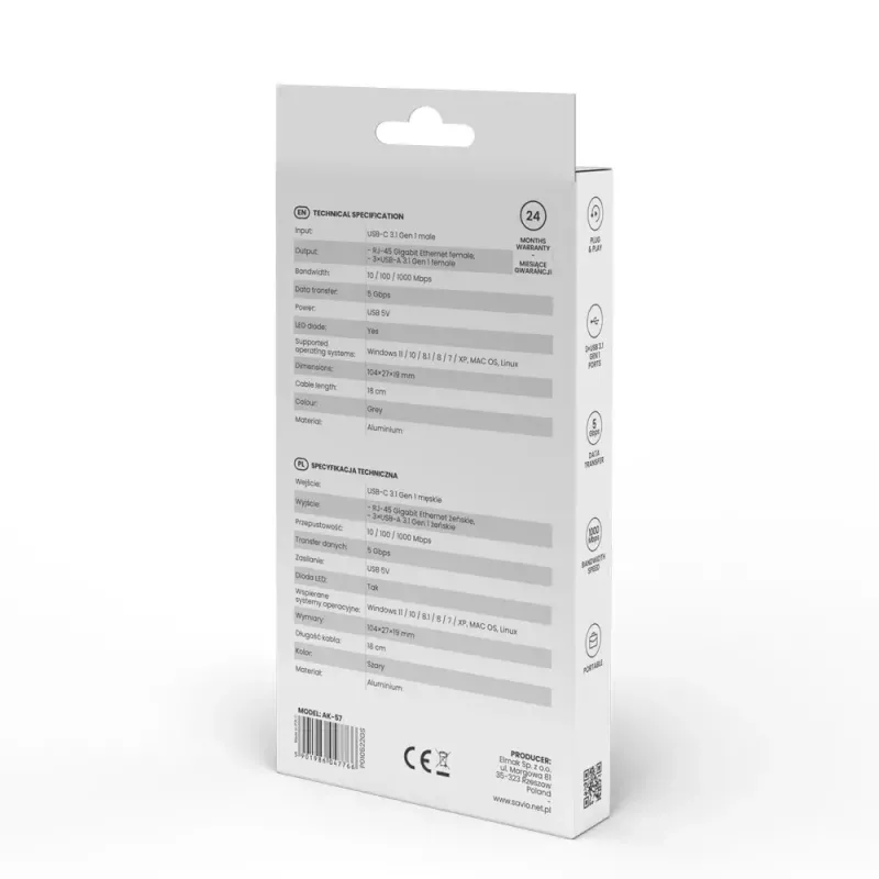 USB-C hub SAVIO AK-57 s 3× USB-A, RJ-45 Gigabit Ethernet (5000 Mbit/s), hliník sivý