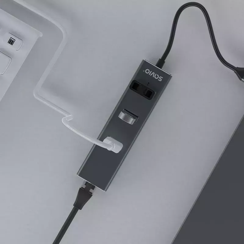 USB-C hub SAVIO AK-57 s 3× USB-A, RJ-45 Gigabit Ethernet (5000 Mbit/s), hliník sivý