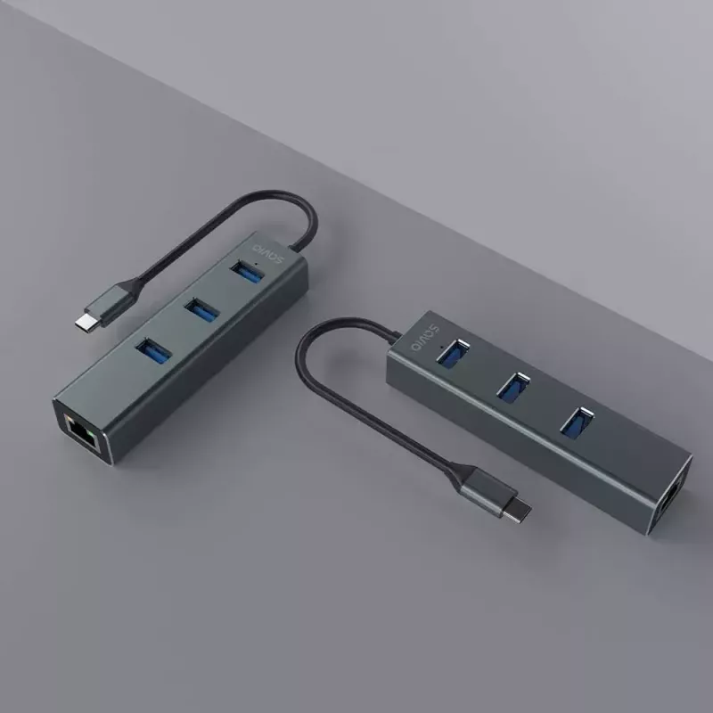 USB-C hub SAVIO AK-57 s 3× USB-A, RJ-45 Gigabit Ethernet (5000 Mbit/s), hliník sivý