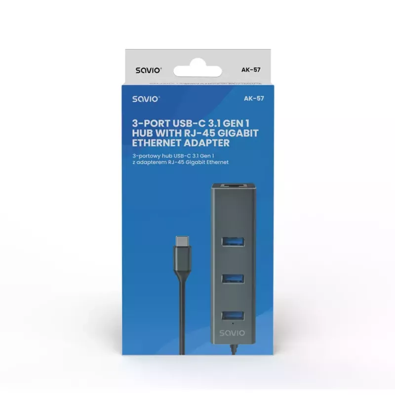 USB-C hub SAVIO AK-57 s 3× USB-A, RJ-45 Gigabit Ethernet (5000 Mbit/s), hliník sivý