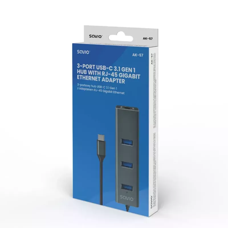 USB-C hub SAVIO AK-57 s 3× USB-A, RJ-45 Gigabit Ethernet (5000 Mbit/s), hliník sivý