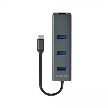 USB-C hub SAVIO AK-57 s 3× USB-A, RJ-45 Gigabit Ethernet (5000 Mbit/s), hliník sivý