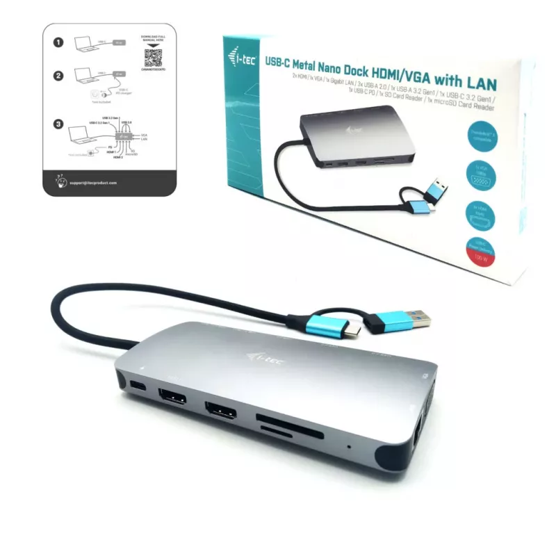 i-tec USB 3.0 USB-C/Thunderbolt 3x Display Metal Nano Dock s LAN + Power Delivery 100 W