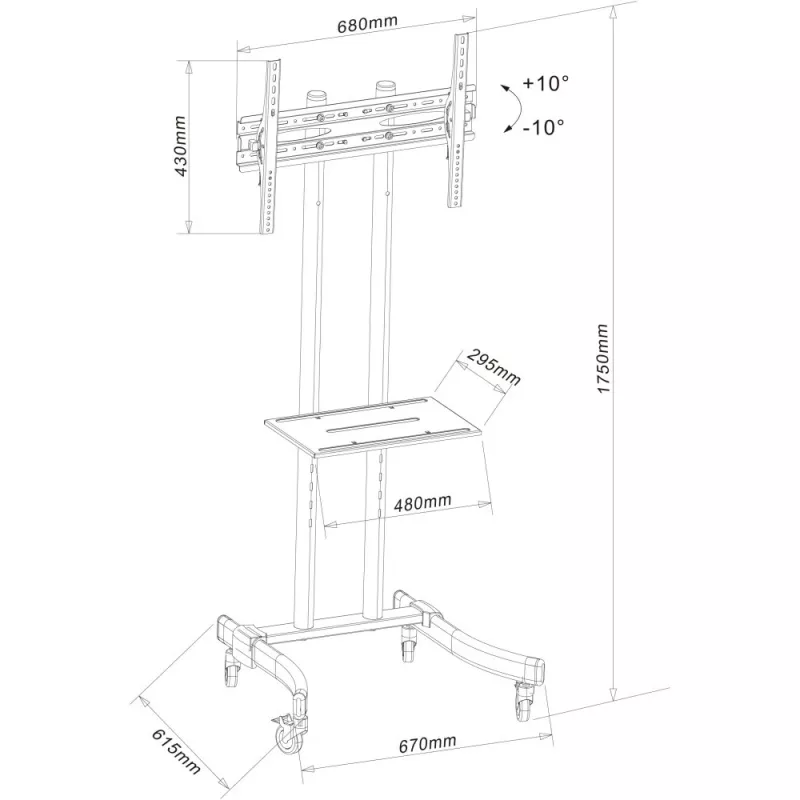 Techly ICA-TR23 mobilný stojan na TV s kolieskami, 32 – 70 palcov, 40 kg, s policou