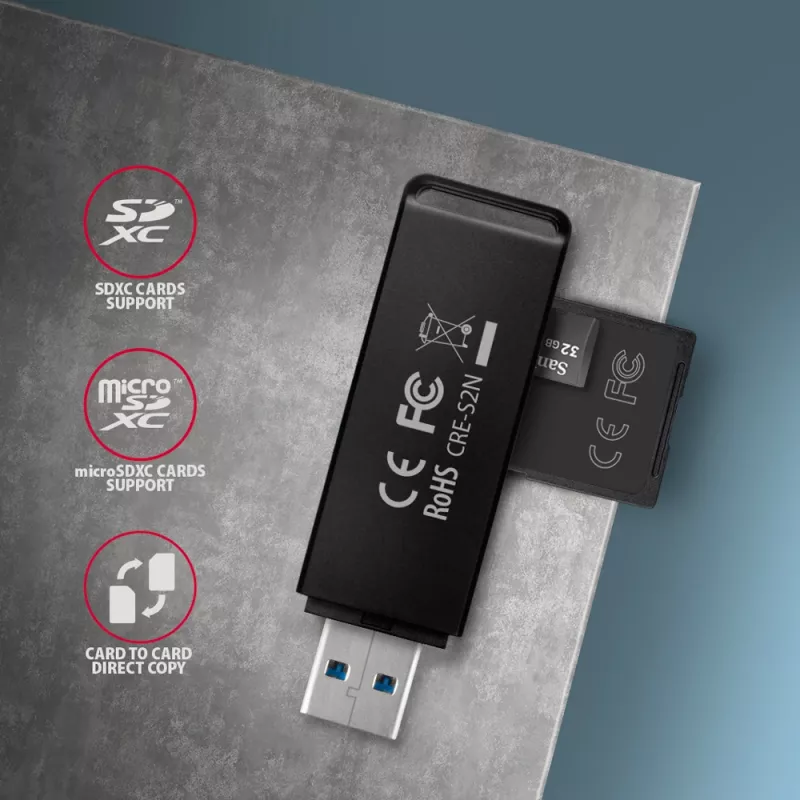 Čítačka kariet Axagon CRE-S2N USB 3.2 Gen 1 Type-A čierna