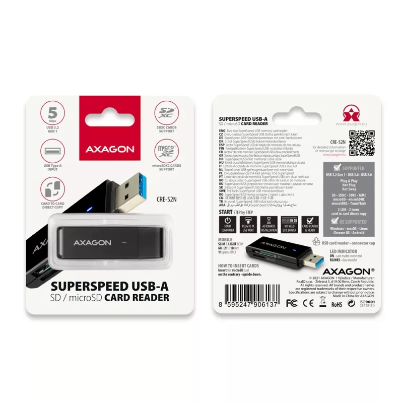 Čítačka kariet Axagon CRE-S2N USB 3.2 Gen 1 Type-A čierna