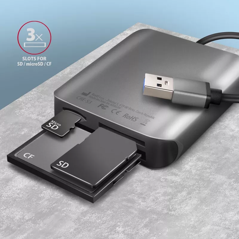 Axagon CRE-S3 externá USB-A 3.2 Gen 1 3-slotová & LUN SD/microSD/CF čítačka kariet USB 3.2 Gen 1 (3.1 Gen 1) Type-A sivá