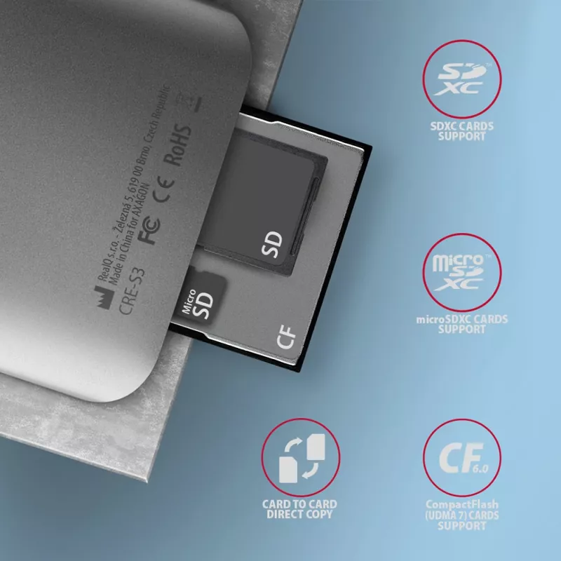 Axagon CRE-S3 externá USB-A 3.2 Gen 1 3-slotová & LUN SD/microSD/CF čítačka kariet USB 3.2 Gen 1 (3.1 Gen 1) Type-A sivá