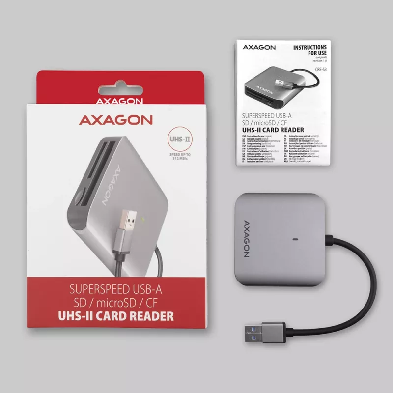 Axagon CRE-S3 externá USB-A 3.2 Gen 1 3-slotová & LUN SD/microSD/CF čítačka kariet USB 3.2 Gen 1 (3.1 Gen 1) Type-A sivá