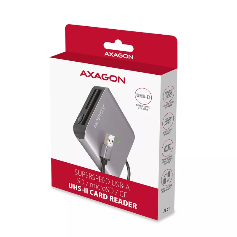Axagon CRE-S3 externá USB-A 3.2 Gen 1 3-slotová & LUN SD/microSD/CF čítačka kariet USB 3.2 Gen 1 (3.1 Gen 1) Type-A sivá
