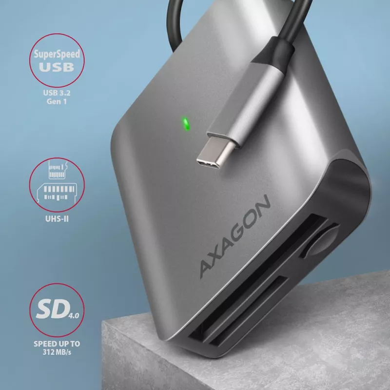 Axagon CRE-S3C hliníková vysokorýchlostná USB-C 3.2 Gen 1 čítačka pamäťových kariet, 3 sloty, UHS-II