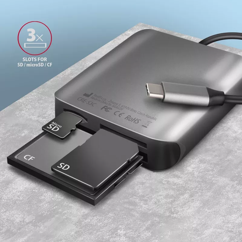 Axagon CRE-S3C hliníková vysokorýchlostná USB-C 3.2 Gen 1 čítačka pamäťových kariet, 3 sloty, UHS-II