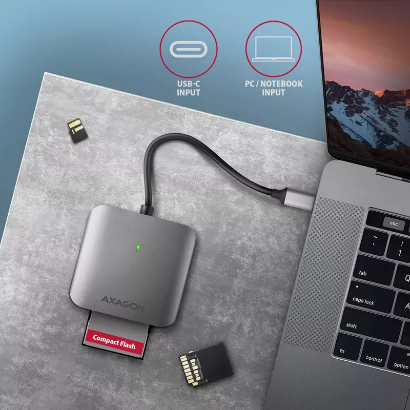 Axagon CRE-S3C hliníková vysokorýchlostná USB-C 3.2 Gen 1 čítačka pamäťových kariet, 3 sloty, UHS-II