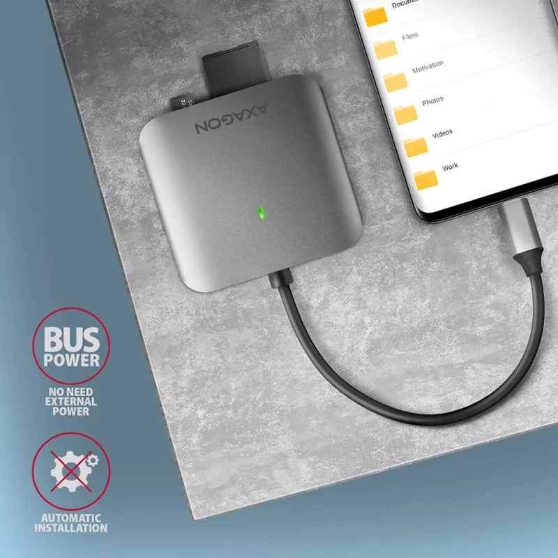 Axagon CRE-S3C hliníková vysokorýchlostná USB-C 3.2 Gen 1 čítačka pamäťových kariet, 3 sloty, UHS-II