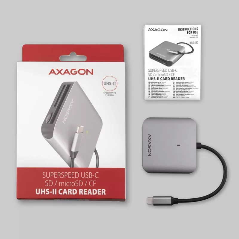 Axagon CRE-S3C hliníková vysokorýchlostná USB-C 3.2 Gen 1 čítačka pamäťových kariet, 3 sloty, UHS-II