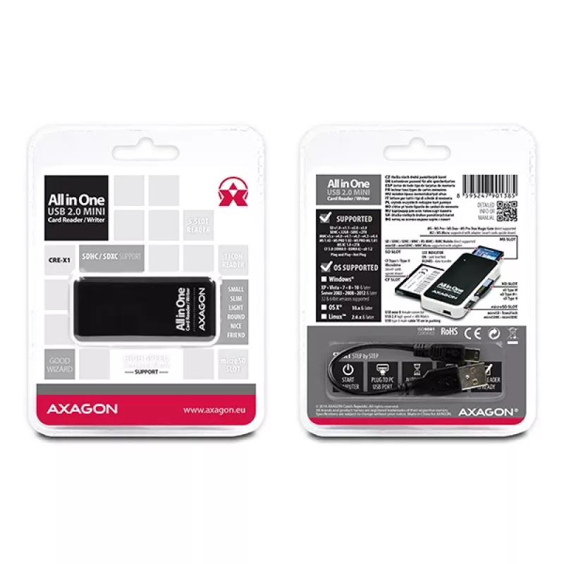 Axagon CRE-X1 externá 5-slotová čítačka kariet, CF, CF Type II, MMC, MMC Mobile, MMCmicro, MS Duo, MS PRO, Memory Stick (MS), MicroDrive, MicroSD...,