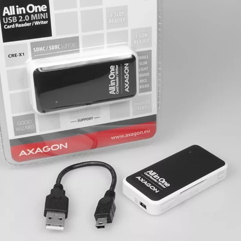 Axagon CRE-X1 externá 5-slotová čítačka kariet, CF, CF Type II, MMC, MMC Mobile, MMCmicro, MS Duo, MS PRO, Memory Stick (MS), MicroDrive, MicroSD...,