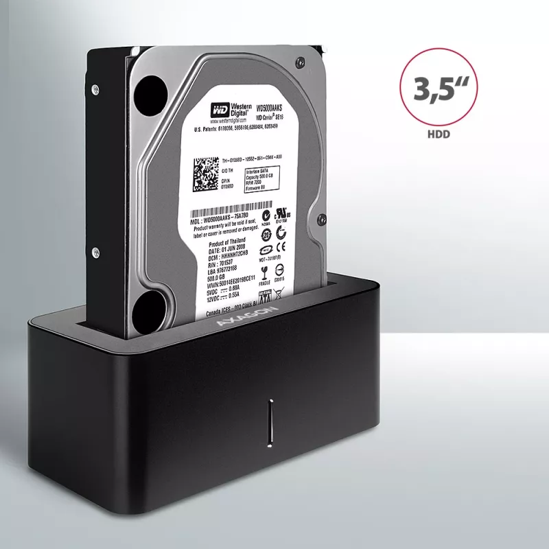 AXAGON ADSA-SN - HDD - Hybrid - SSD - SATA - Serial ATA II - Serial ATA III - 2.5,3.5 palcov - USB 3.2 Gen 1 (3.1 Gen 1) Type-A - 5 Gbit/s - čierna