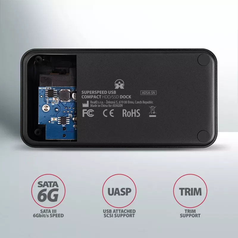AXAGON ADSA-SN - HDD - Hybrid - SSD - SATA - Serial ATA II - Serial ATA III - 2.5,3.5 palcov - USB 3.2 Gen 1 (3.1 Gen 1) Type-A - 5 Gbit/s - čierna
