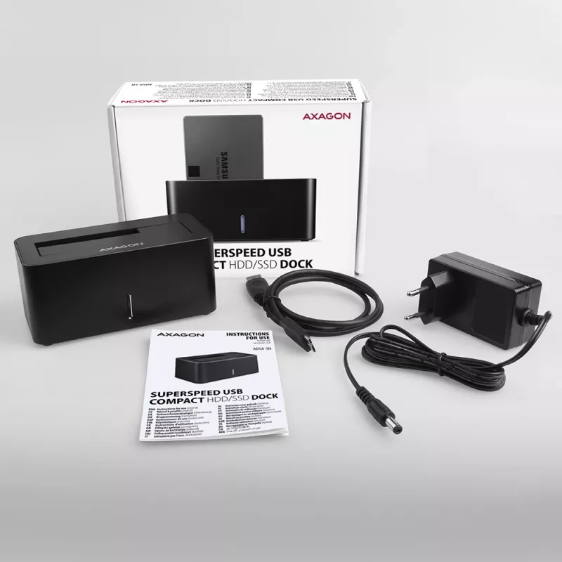AXAGON ADSA-SN - HDD - Hybrid - SSD - SATA - Serial ATA II - Serial ATA III - 2.5,3.5 palcov - USB 3.2 Gen 1 (3.1 Gen 1) Type-A - 5 Gbit/s - čierna