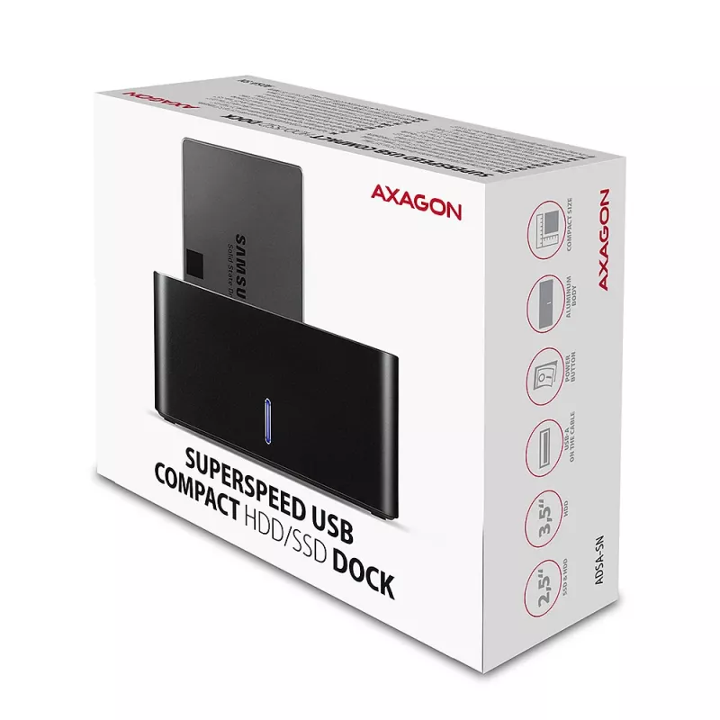 AXAGON ADSA-SN - HDD - Hybrid - SSD - SATA - Serial ATA II - Serial ATA III - 2.5,3.5 palcov - USB 3.2 Gen 1 (3.1 Gen 1) Type-A - 5 Gbit/s - čierna