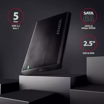 2,5-palcové HDD/SSD puzdro AXAGON EE25-A6C — SATA, USB 3.2 Gen 1 (Type-C & Type-A), hliník, čierna
