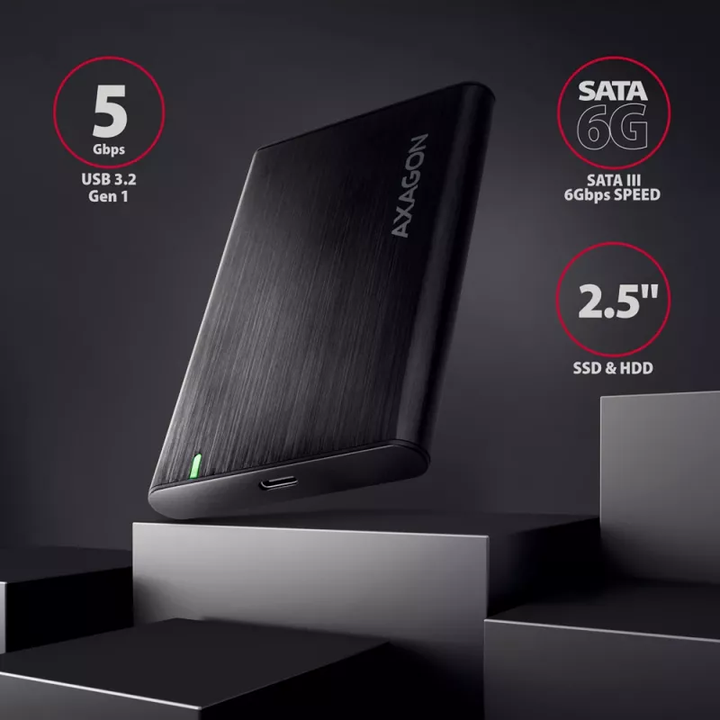 2,5-palcové HDD/SSD puzdro AXAGON EE25-A6C — SATA, USB 3.2 Gen 1 (Type-C & Type-A), hliník, čierna
