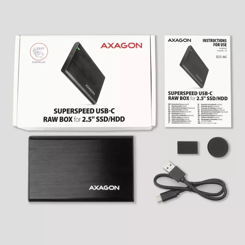 2,5-palcové HDD/SSD puzdro AXAGON EE25-A6C — SATA, USB 3.2 Gen 1 (Type-C & Type-A), hliník, čierna
