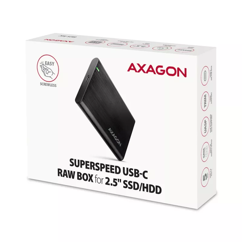 2,5-palcové HDD/SSD puzdro AXAGON EE25-A6C — SATA, USB 3.2 Gen 1 (Type-C & Type-A), hliník, čierna