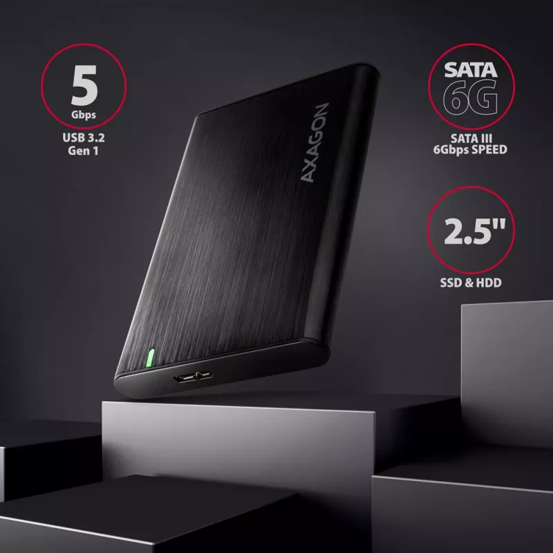 HDD/SSD puzdro AXAGON EE25-A6M — 2,5 palca SATA, USB 3.2 Gen 1 (5 Gbit/s), Micro-USB B na USB Type-A, hliník, čierna