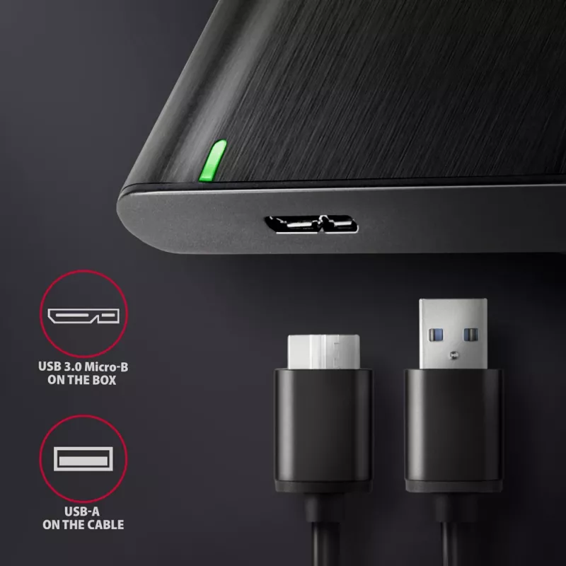 HDD/SSD puzdro AXAGON EE25-A6M — 2,5 palca SATA, USB 3.2 Gen 1 (5 Gbit/s), Micro-USB B na USB Type-A, hliník, čierna