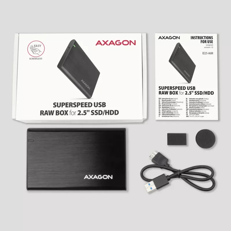 HDD/SSD puzdro AXAGON EE25-A6M — 2,5 palca SATA, USB 3.2 Gen 1 (5 Gbit/s), Micro-USB B na USB Type-A, hliník, čierna