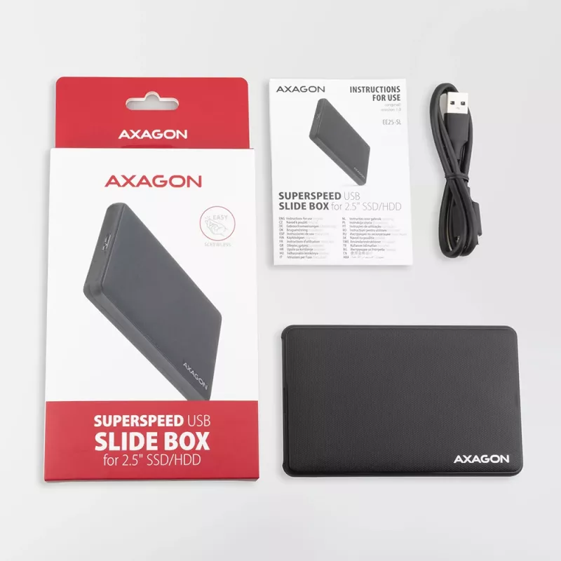 Axagon EE25-SL bezskrutkové USB 3.2 Gen 1 - SATA 6G externé puzdro pre 2,5 palcové SSD/HDD