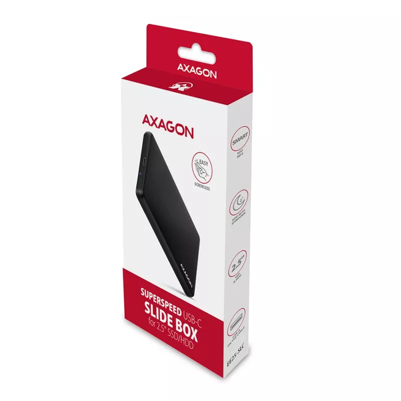 Axagon EE25-SLC bezskrutkové USB-C 3.2 Gen 1 - SATA 6G externé puzdro pre 2,5 palcové SSD/HDD