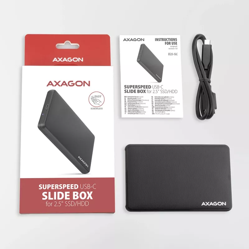 Axagon EE25-SLC bezskrutkové USB-C 3.2 Gen 1 - SATA 6G externé puzdro pre 2,5 palcové SSD/HDD
