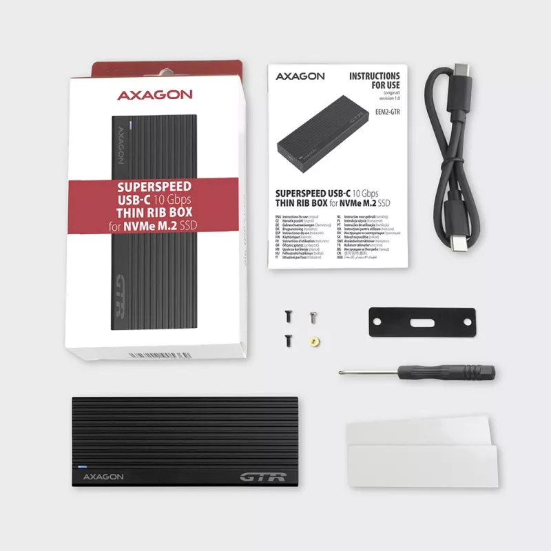 Axagon EEM2-GTR externé USB-C 3.2 Gen 2 kovové puzdro pre M.2 NVMe SSD