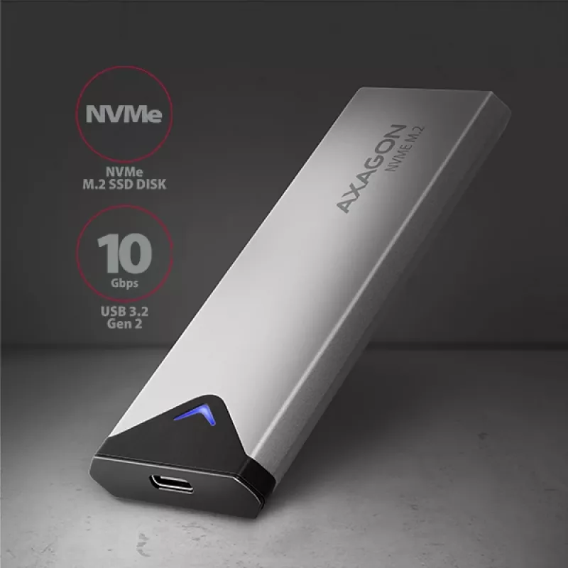 Axagon EEM2-UG2 externé USB-C 10Gbps kovové puzdro pre M.2 NVMe SSD disky. Strieborná