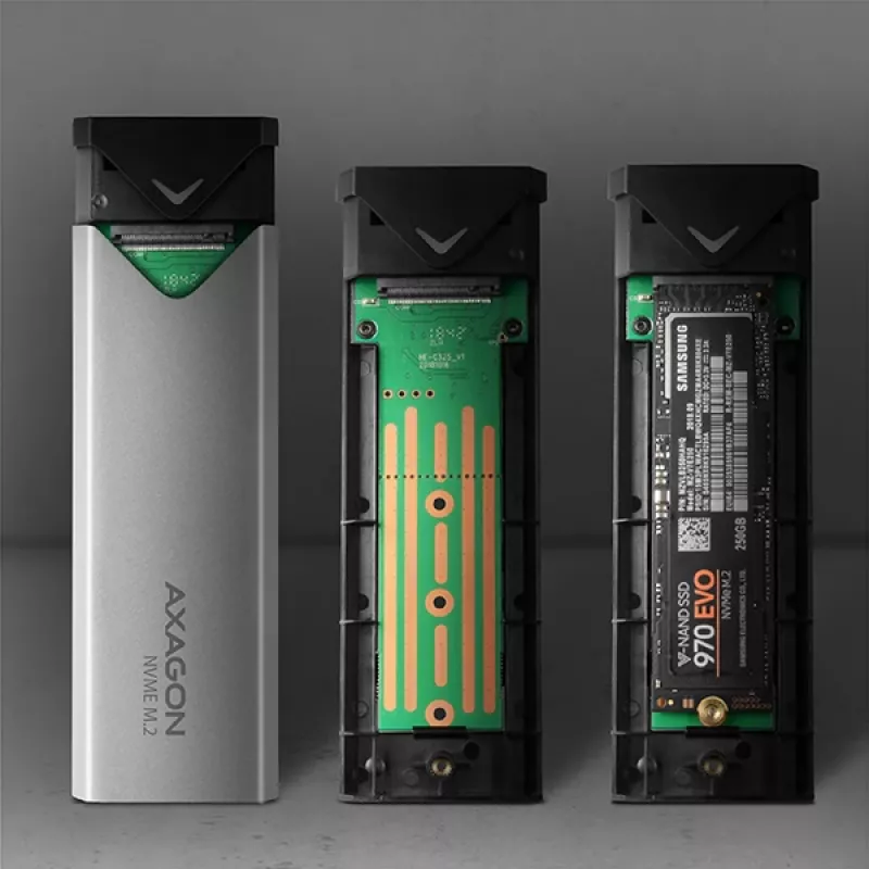 Axagon EEM2-UG2 externé USB-C 10Gbps kovové puzdro pre M.2 NVMe SSD disky. Strieborná