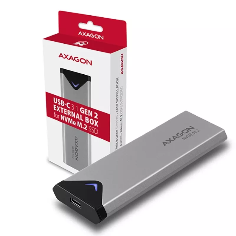 Axagon EEM2-UG2 externé USB-C 10Gbps kovové puzdro pre M.2 NVMe SSD disky. Strieborná
