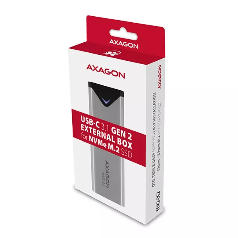 Axagon EEM2-UG2 externé USB-C 10Gbps kovové puzdro pre M.2 NVMe SSD disky. Strieborná