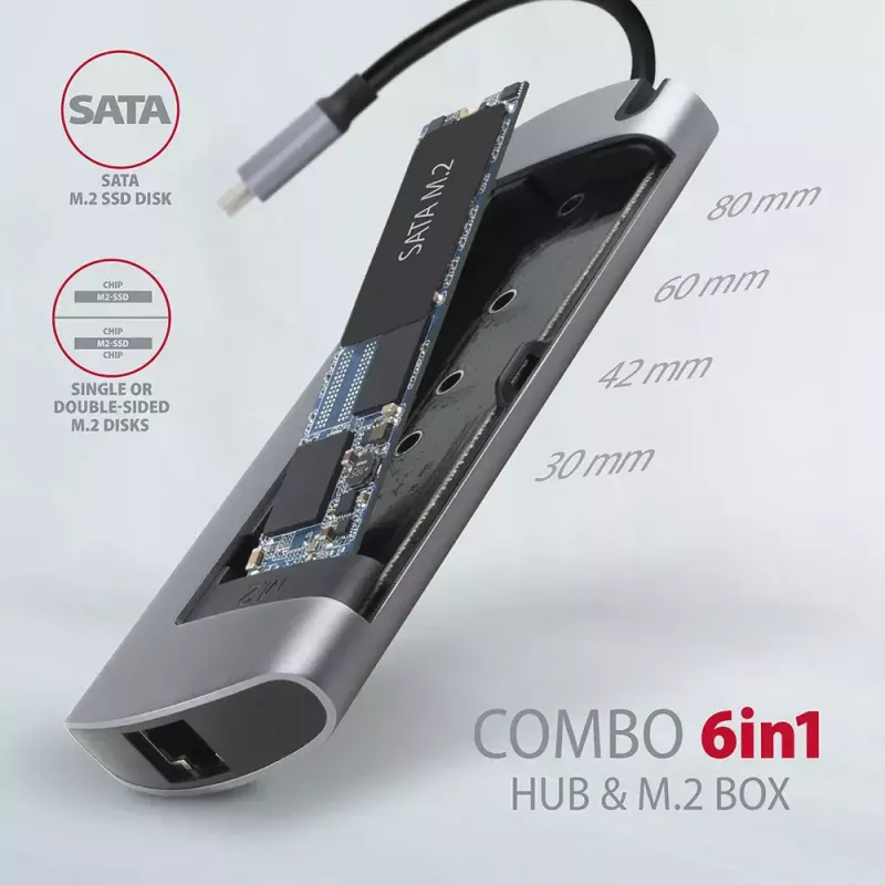 Axagon HMC-6M2 USB 3.2 Gen 1 hub, 2x USB-A, HDMI, RJ-45, SATA M.2, PD 100W, USB-C kábel