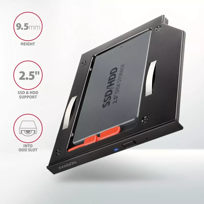Axagon RSS-CD09 2,5 palcový SSD/HDD rám pre DVD slot 9,5 mm LED ALU rozširujúce karty/adaptér interný SATA