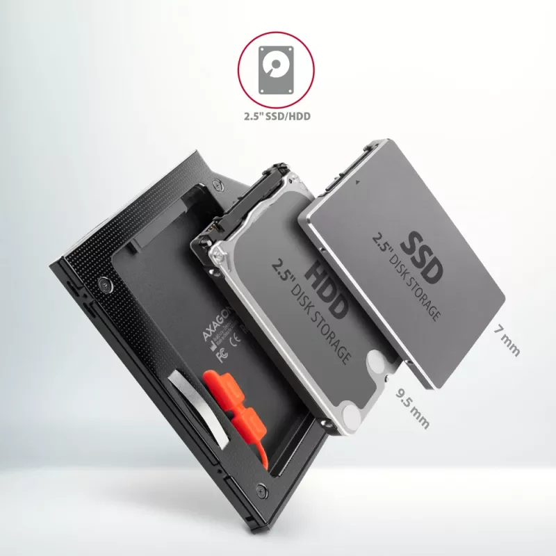 Axagon RSS-CD09 2,5 palcový SSD/HDD rám pre DVD slot 9,5 mm LED ALU rozširujúce karty/adaptér interný SATA