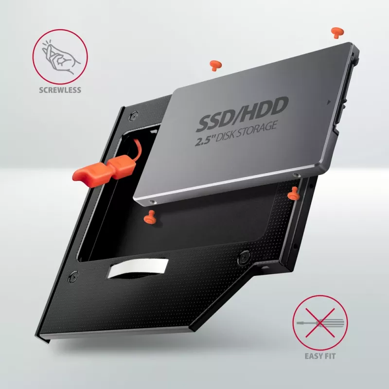 Axagon RSS-CD09 2,5 palcový SSD/HDD rám pre DVD slot 9,5 mm LED ALU rozširujúce karty/adaptér interný SATA