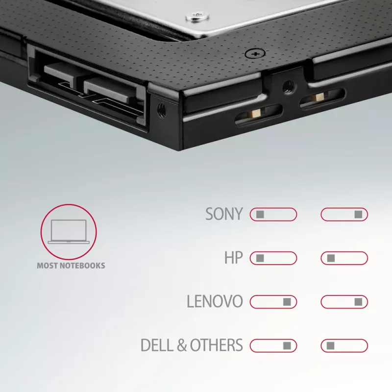 Axagon RSS-CD09 2,5 palcový SSD/HDD rám pre DVD slot 9,5 mm LED ALU rozširujúce karty/adaptér interný SATA