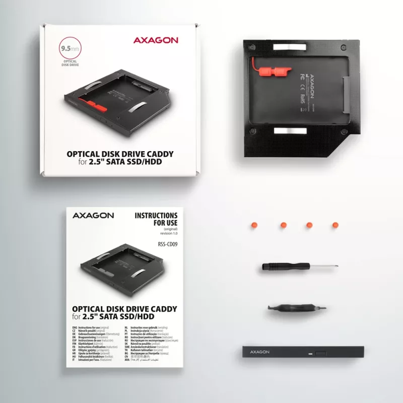 Axagon RSS-CD09 2,5 palcový SSD/HDD rám pre DVD slot 9,5 mm LED ALU rozširujúce karty/adaptér interný SATA
