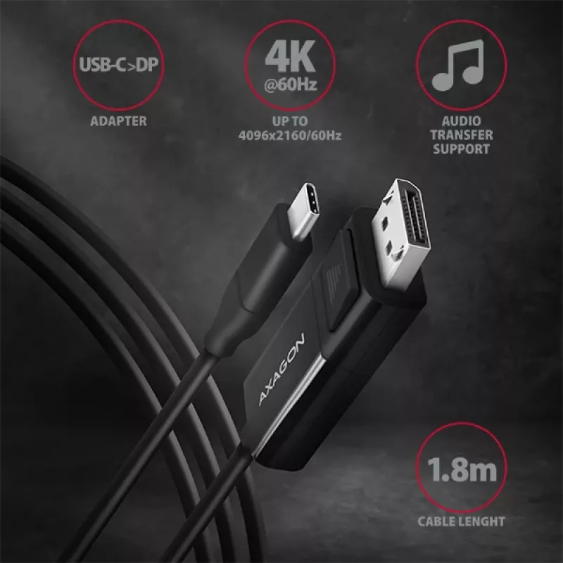 Axagon RVC-DPC USB-C -> DisplayPort kábel 1,8m 4K/60Hz