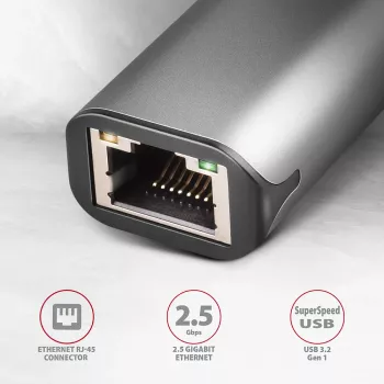 2.5 Gigabit Ethernet adaptér AXAGON ADE-25R — USB Type-C, 10/100/1000/2500 Mbit, 5000 Mbit/s, hliník, sivý