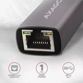 AXAGON USB 3.2 Gen 1 Type-A na Gigabit Ethernet adaptér ADE-TR — 10/100/1000 Mbps, kovová titánová sivá, 5000 Mbit/s