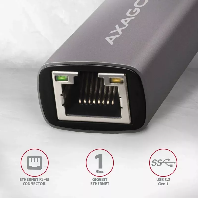 AXAGON USB 3.2 Gen 1 Type-A na Gigabit Ethernet adaptér ADE-TR — 10/100/1000 Mbps, kovová titánová sivá, 5000 Mbit/s